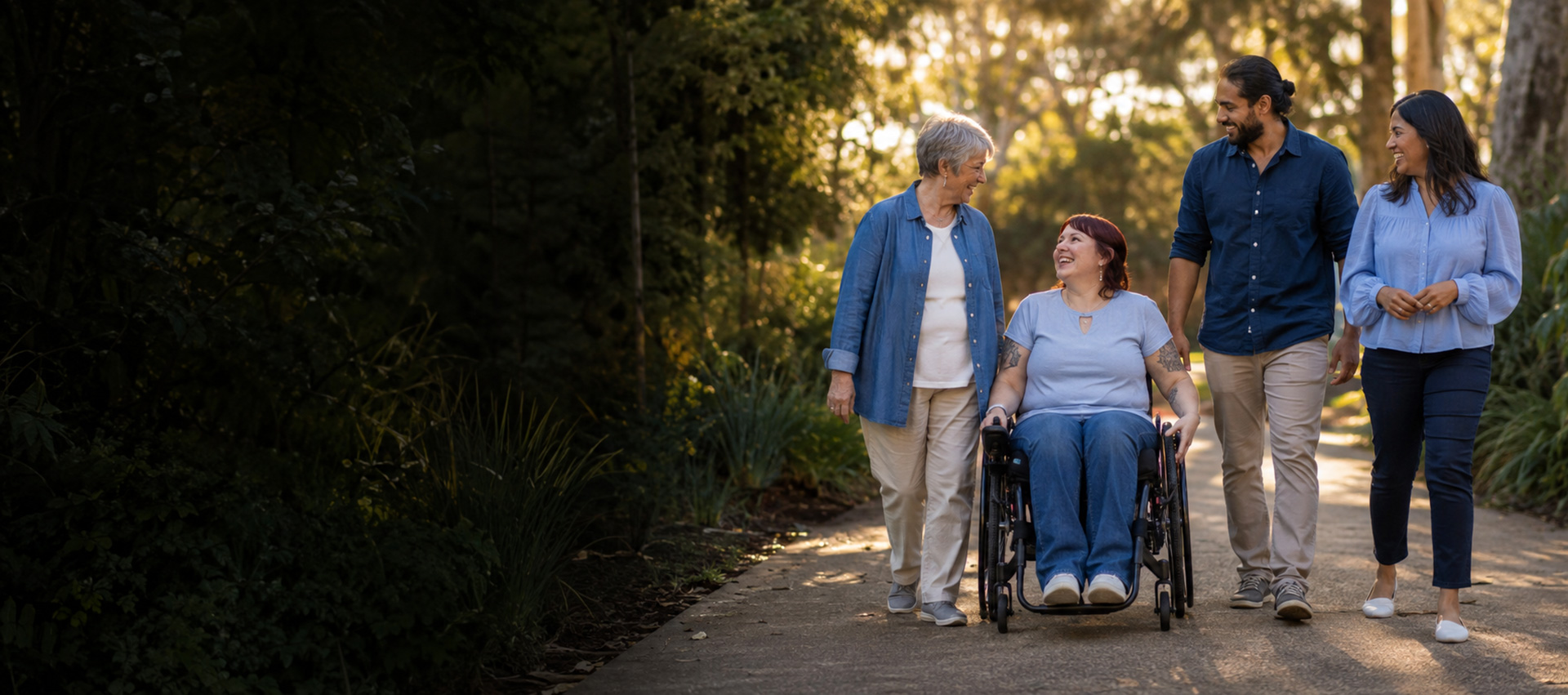 Blue Lotus Care participants, an older woman and two support workers enjoying an afternoon together in a South-East Melbourne park