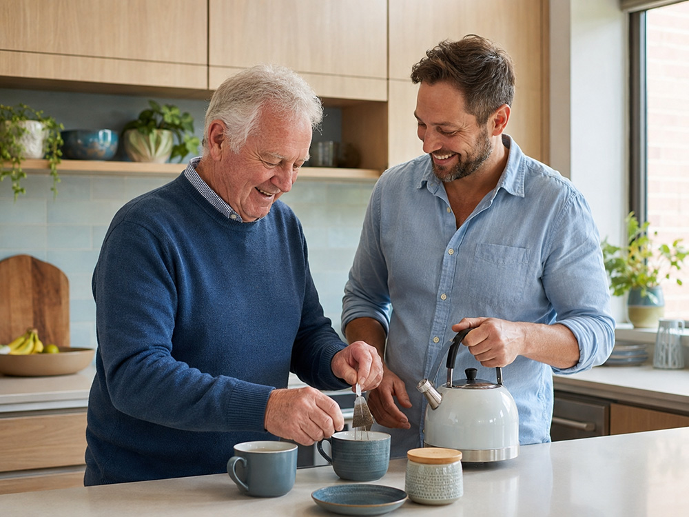 Older man receiving friendly aged care support at home