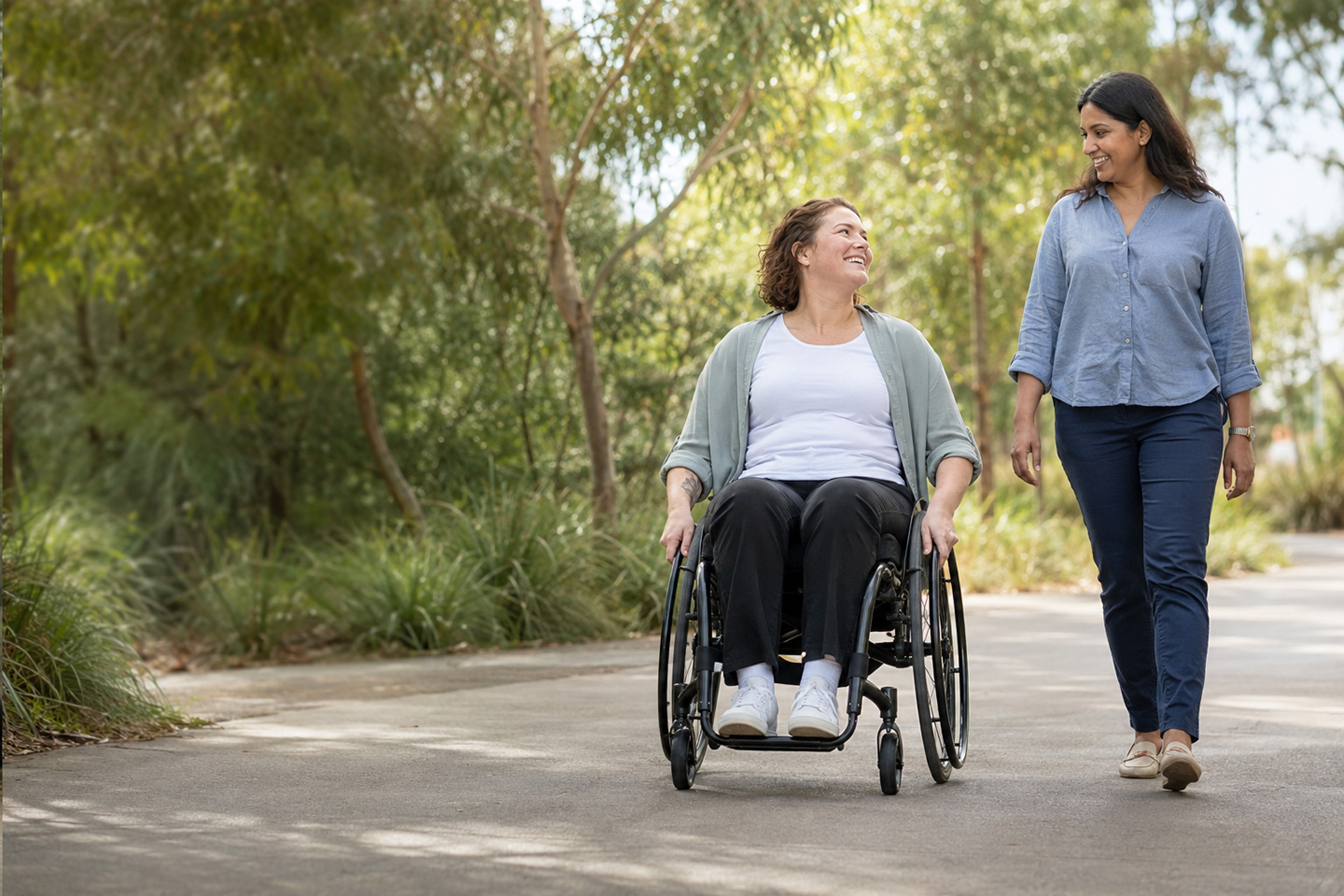 NDIS participant and support worker enjoying an accessible Melbourne park